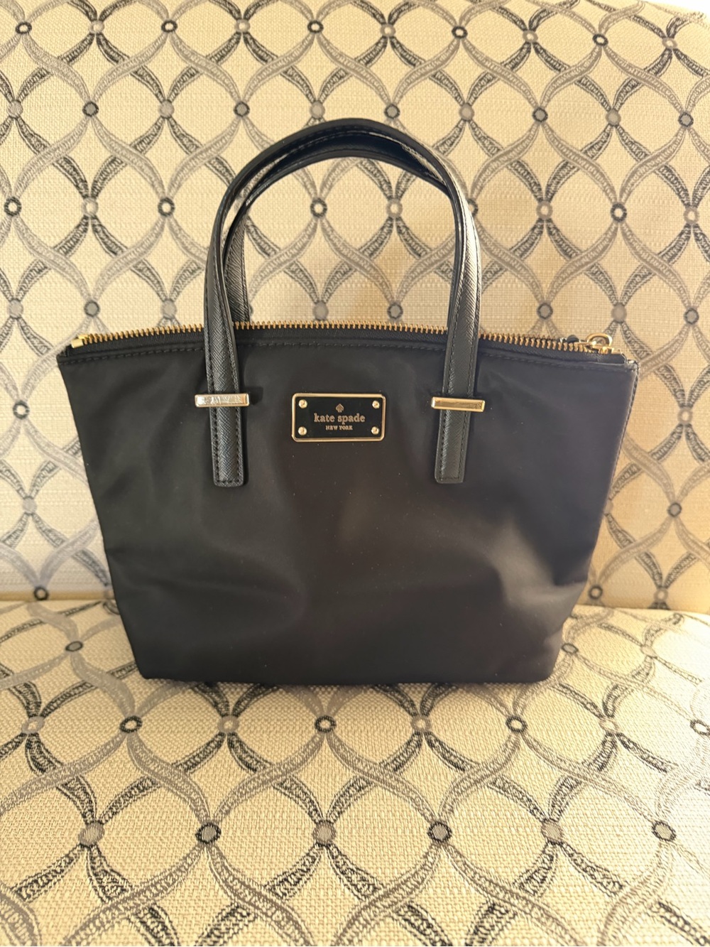 kate spade black nylon zip-top tote with gold hardware